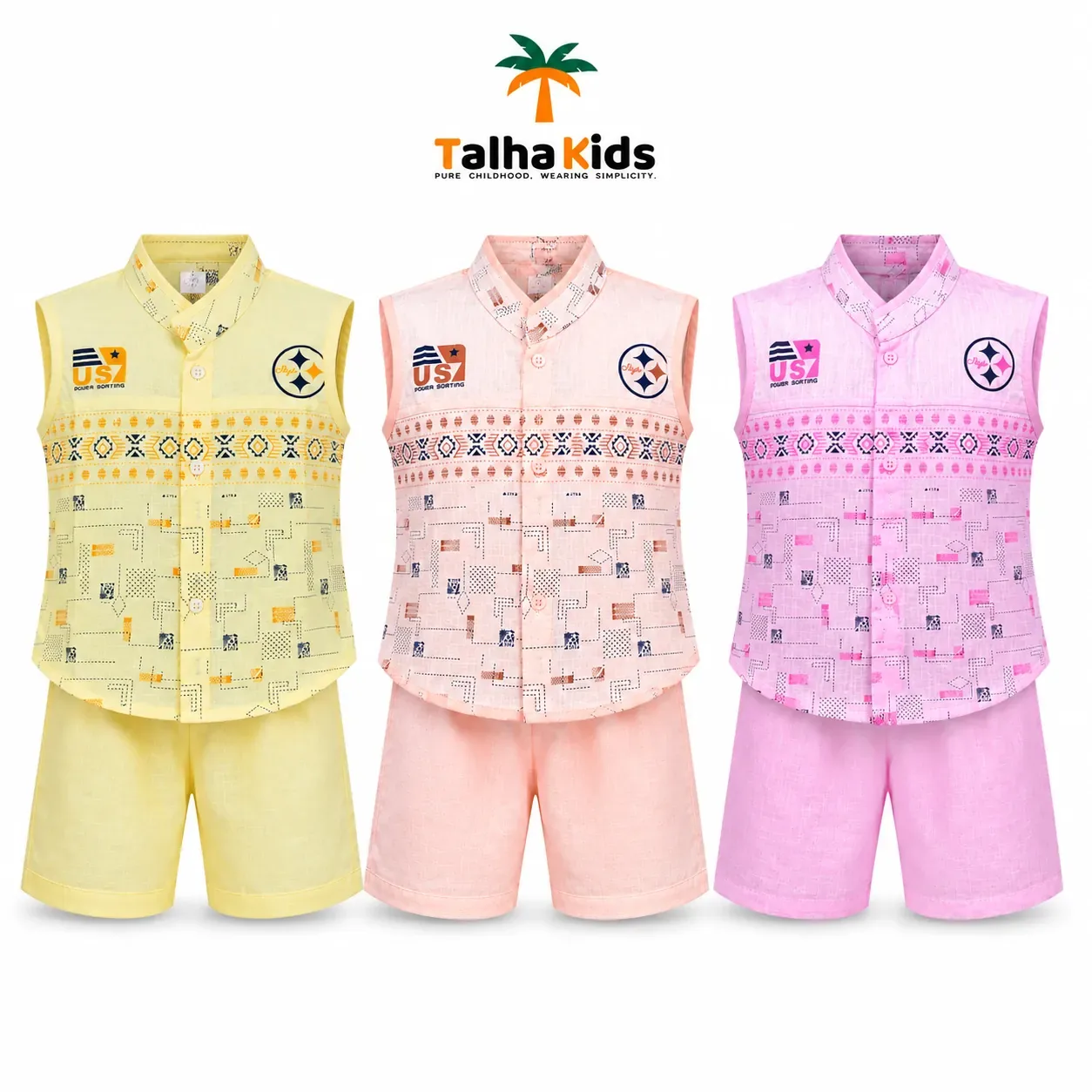 Boys Printed Sleeveless Fotua Set with Matching Half Pant – 3 Colors