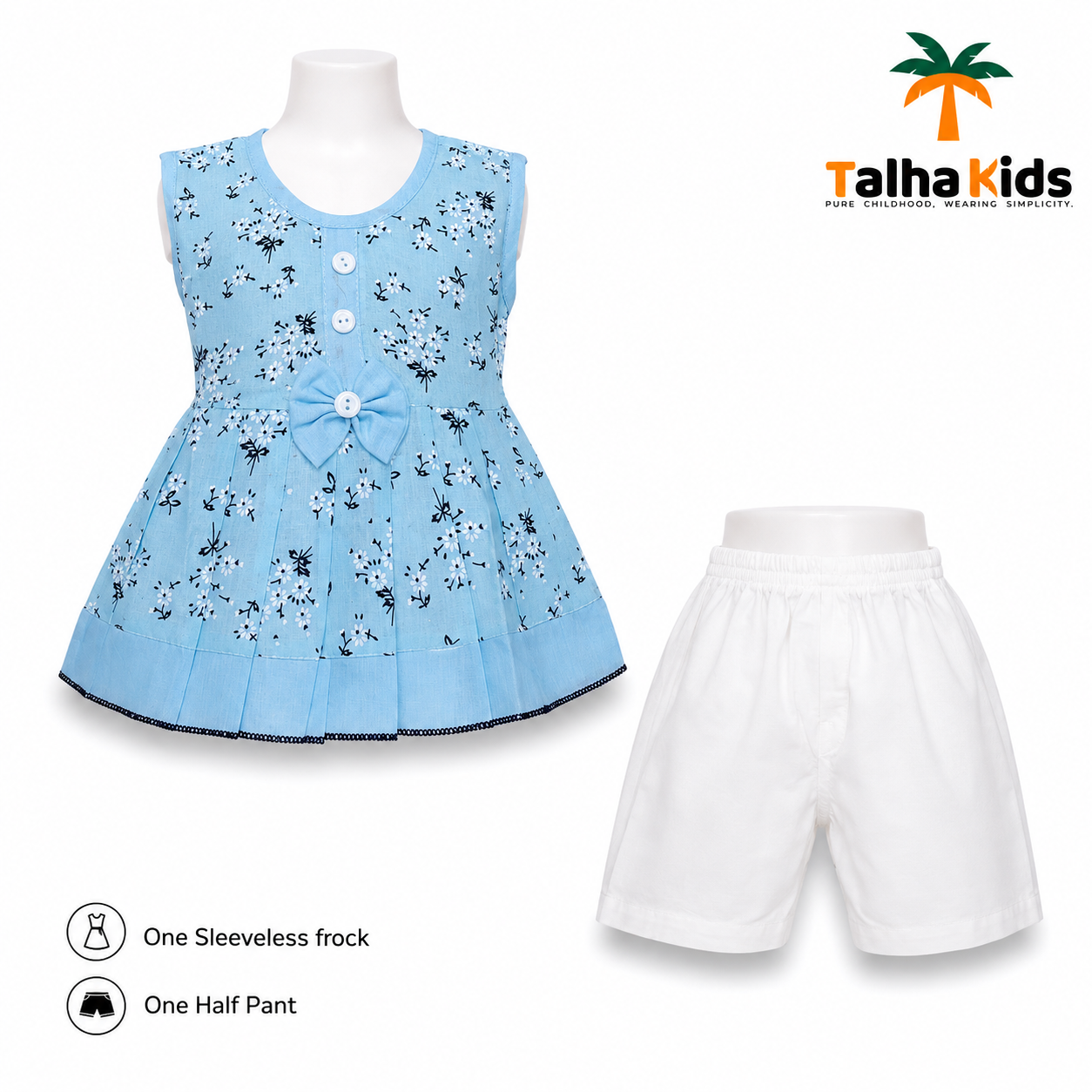 Girls Sky Blue Floral Printed Sleeveless Frock with Half Pant Set