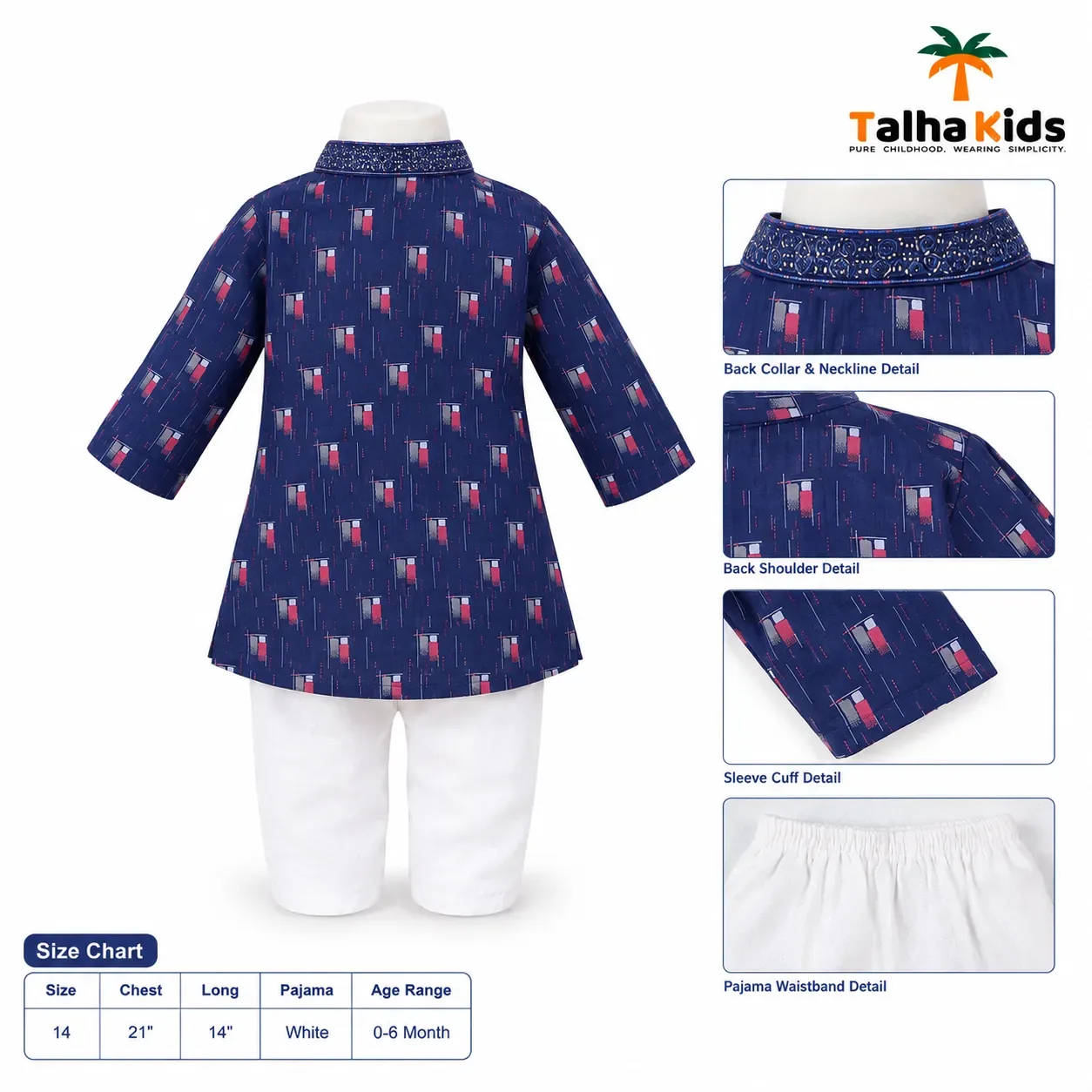 Baby Boys' Panjabi & Pajama Set – Printed Panjabi with Embroidered Collar & Front Detail