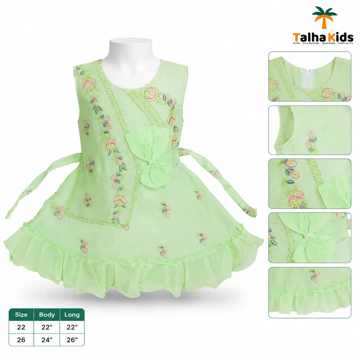 Mint Green Floral Embroidered Girls’ Party Dress