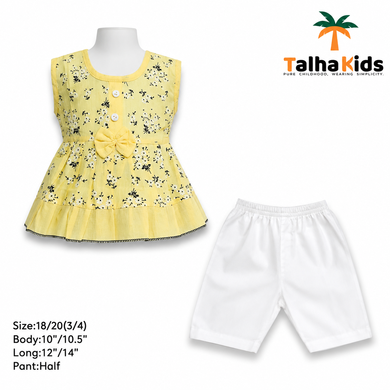 Girls’ Lemon Yellow Floral Frock with Matching White Shorts