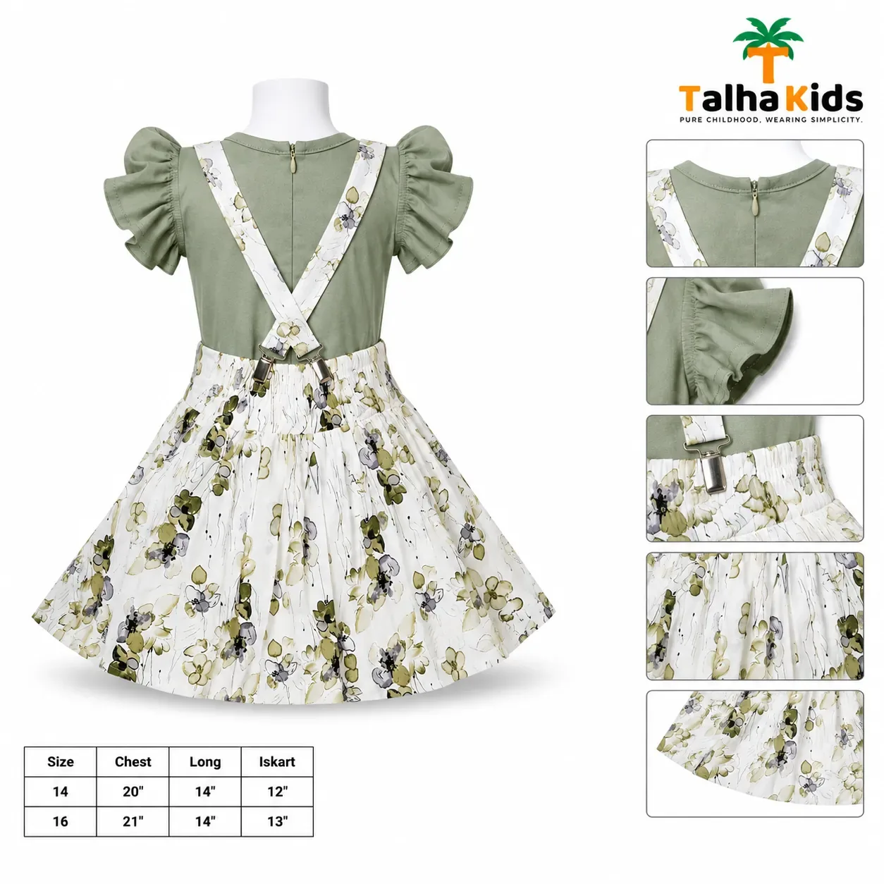 Girls’ Floral Suspender Frock Set – Puff Sleeve Dress with Matching Pouch