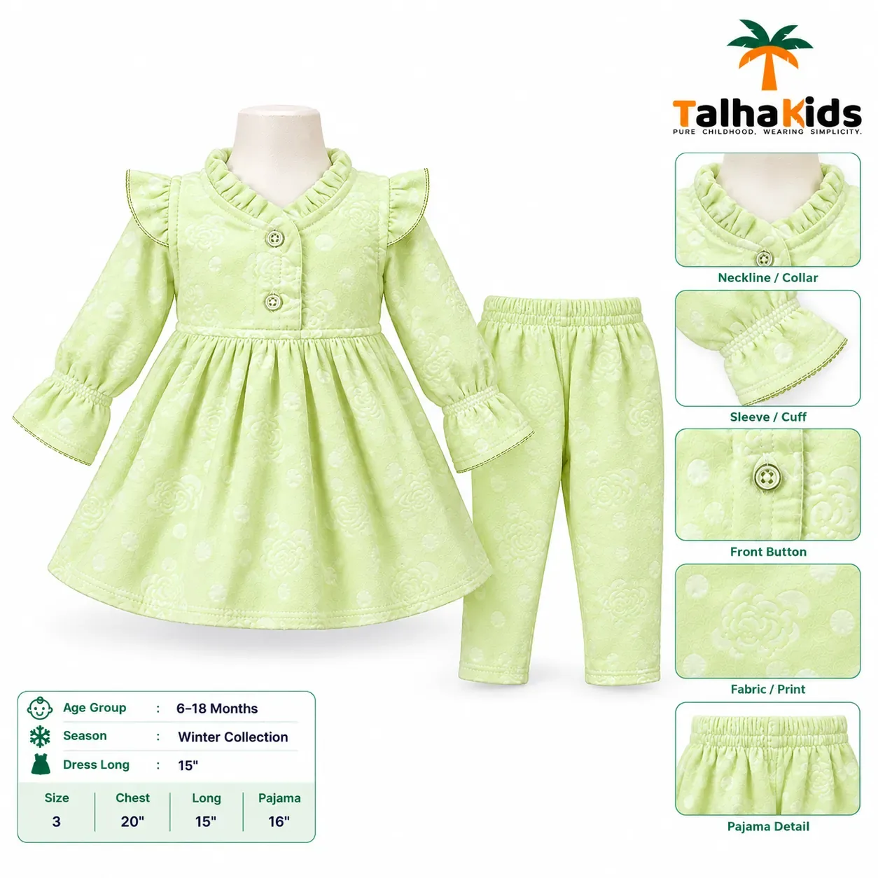 Baby Girls' Winter Frock & Pant Set – Long Sleeve Floral Design | 6–18 Months