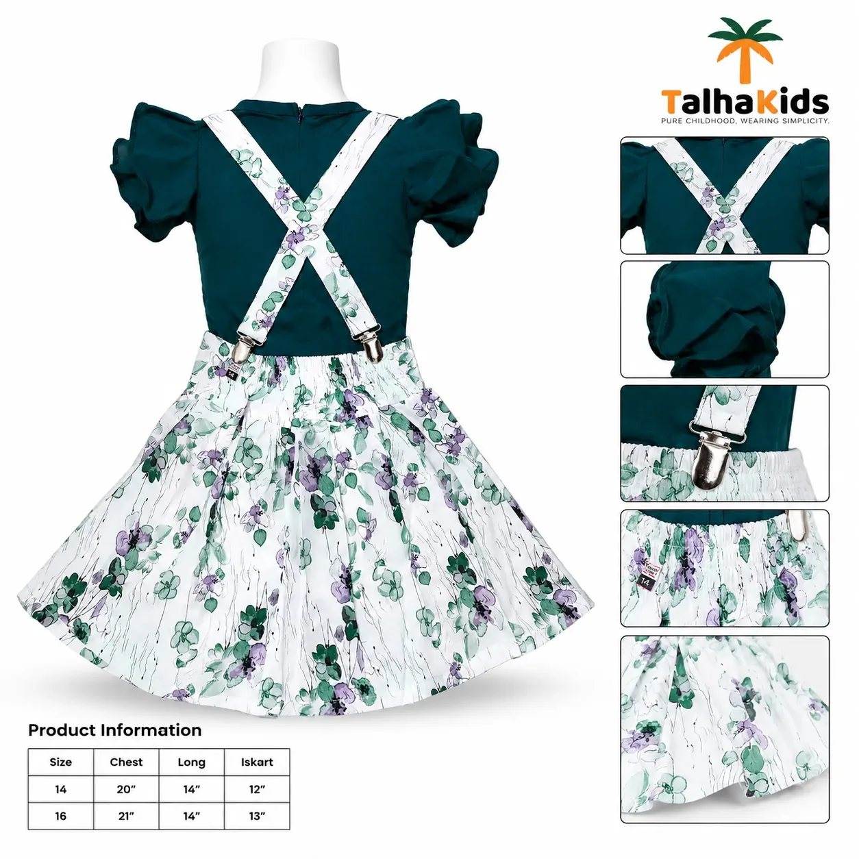 Girls’ Floral Suspender Frock Set – Puff Sleeve Dress with Matching Pouch