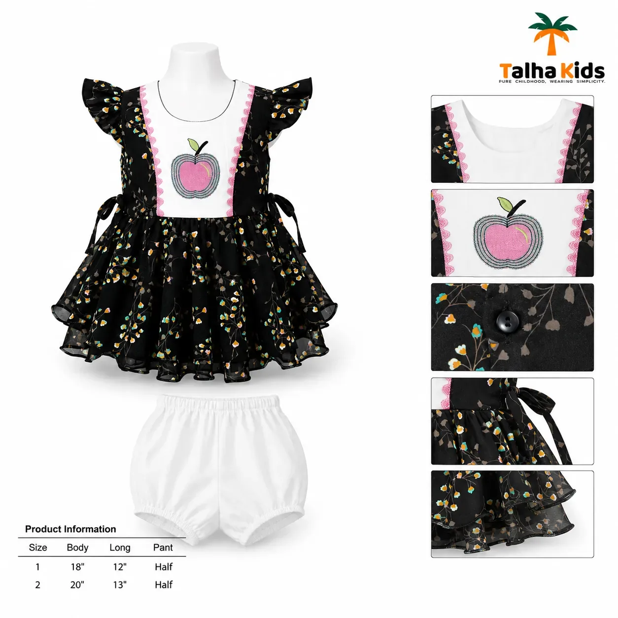 Girls Floral Party Frock with Apple Embroidery