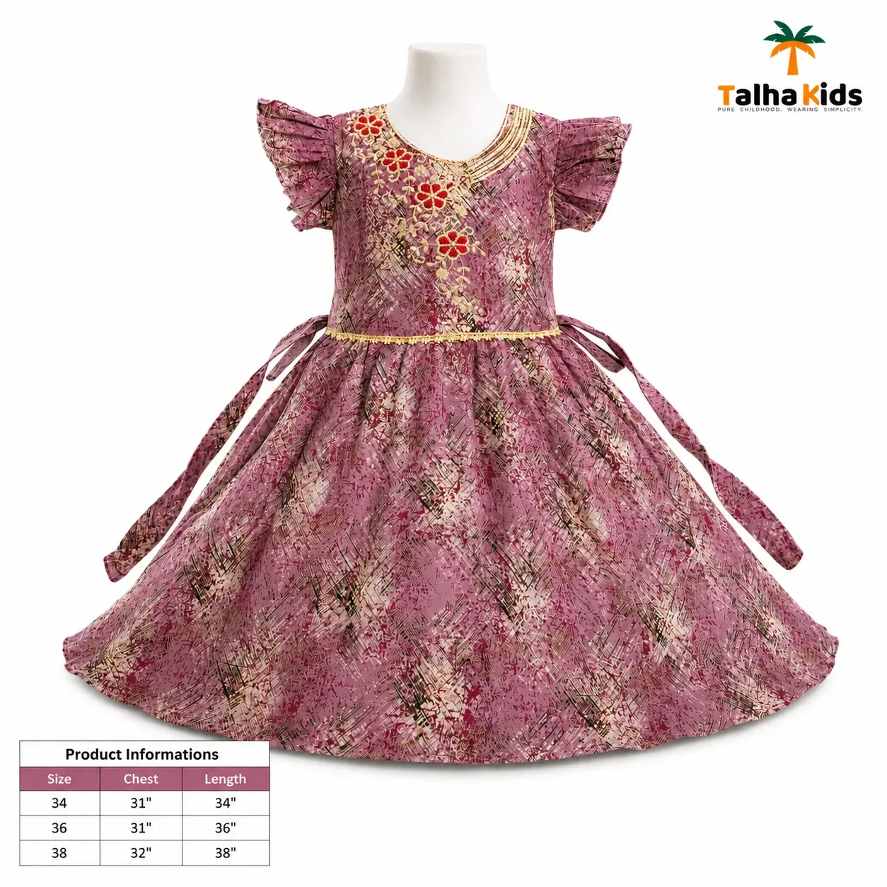 Alams Girls Printed Flutter Sleeve Frock – Mauve & Red
