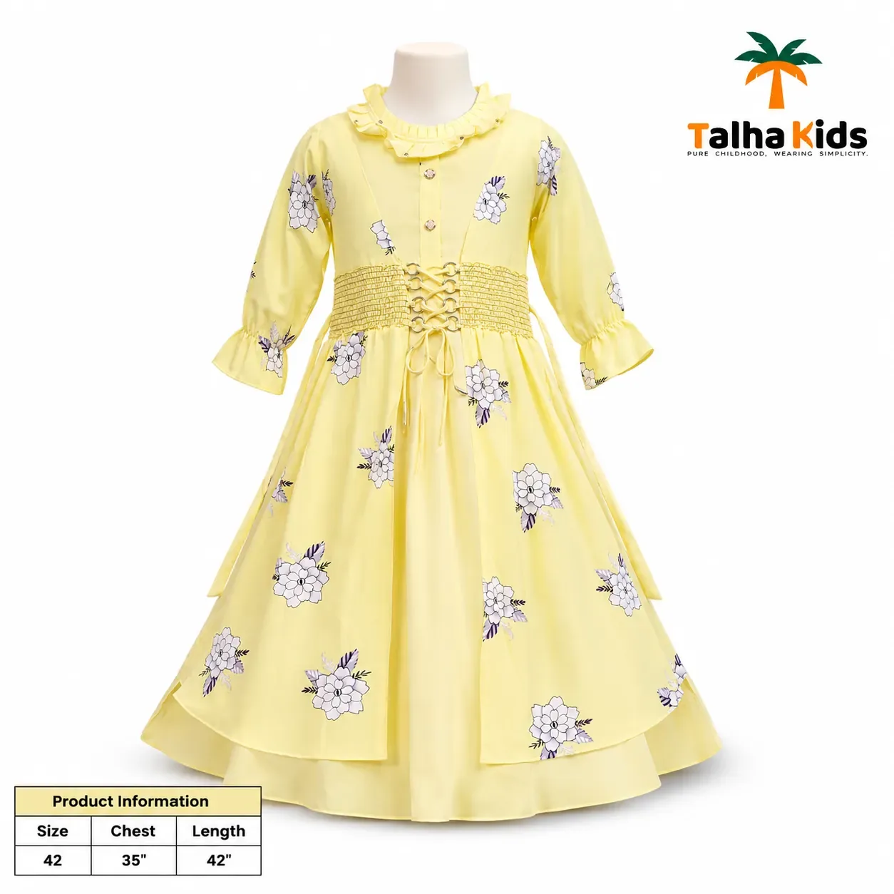 Pastel Yellow Floral Sleeve Long Dress for Girls