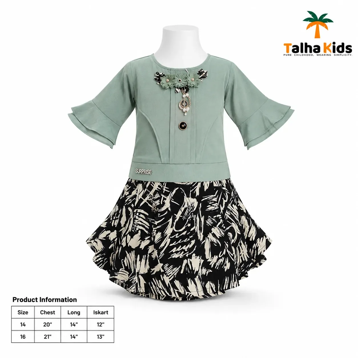 Girls’ Floral Embellished Top with Black & Cream Printed Skirt Set – 3 Colors