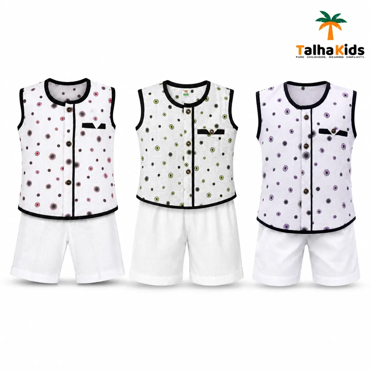 Boys Printed Sleeveless Fotua with Half Pant Set – 3 Colors