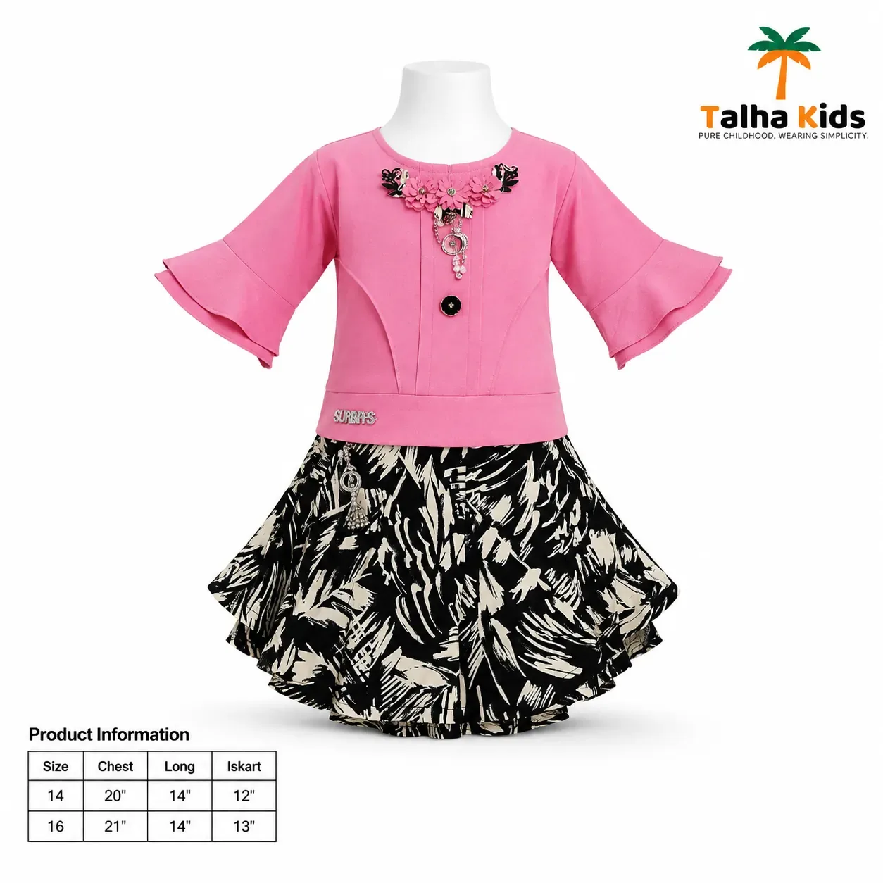 Girls’ Floral Embellished Top with Black & Cream Printed Skirt Set – 3 Colors