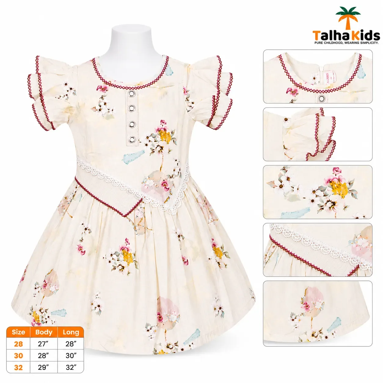 Talha Kids Floral Printed Girls Dress with Lace Detail
