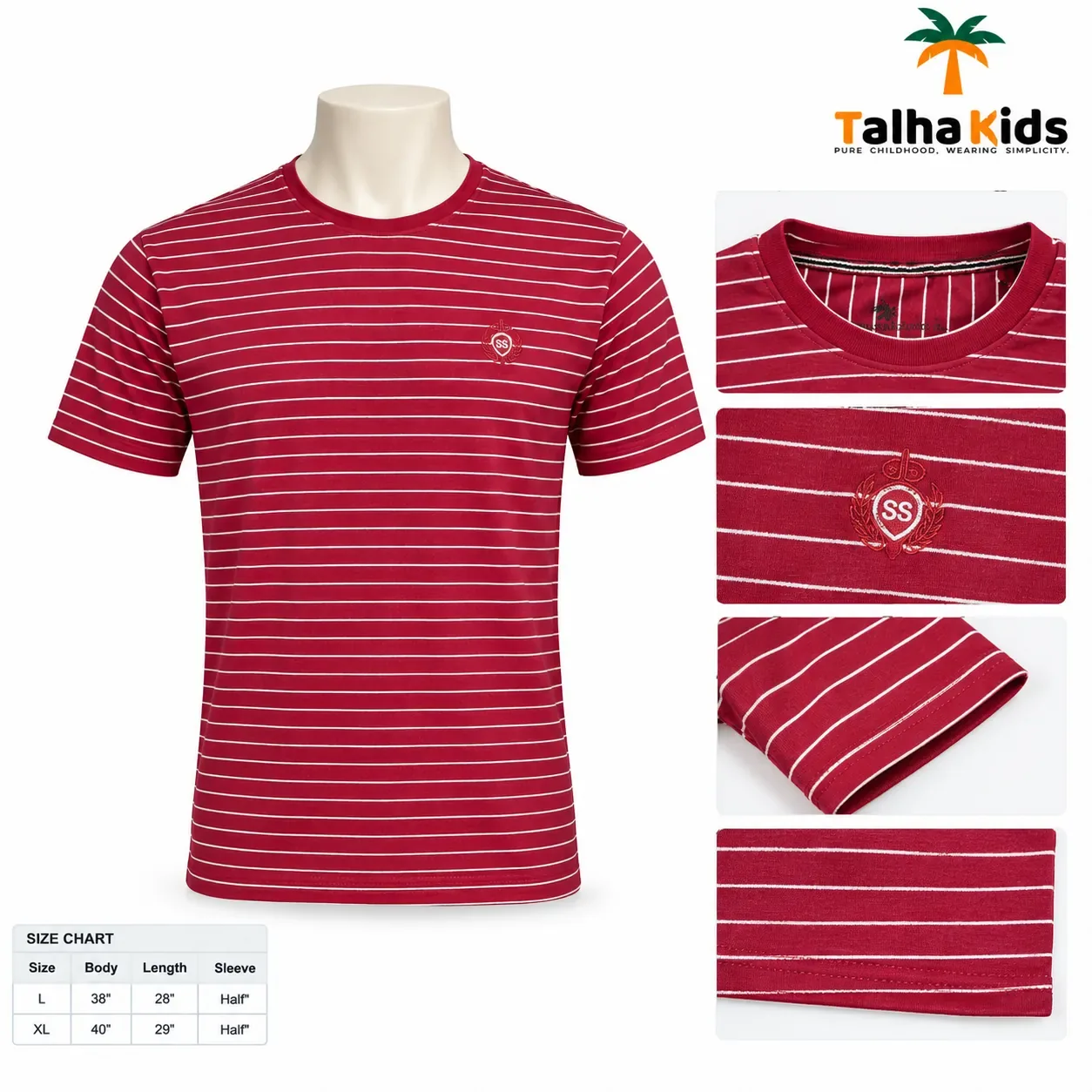 Young Men's Striped T-Shirt – Maroon – Short Sleeve