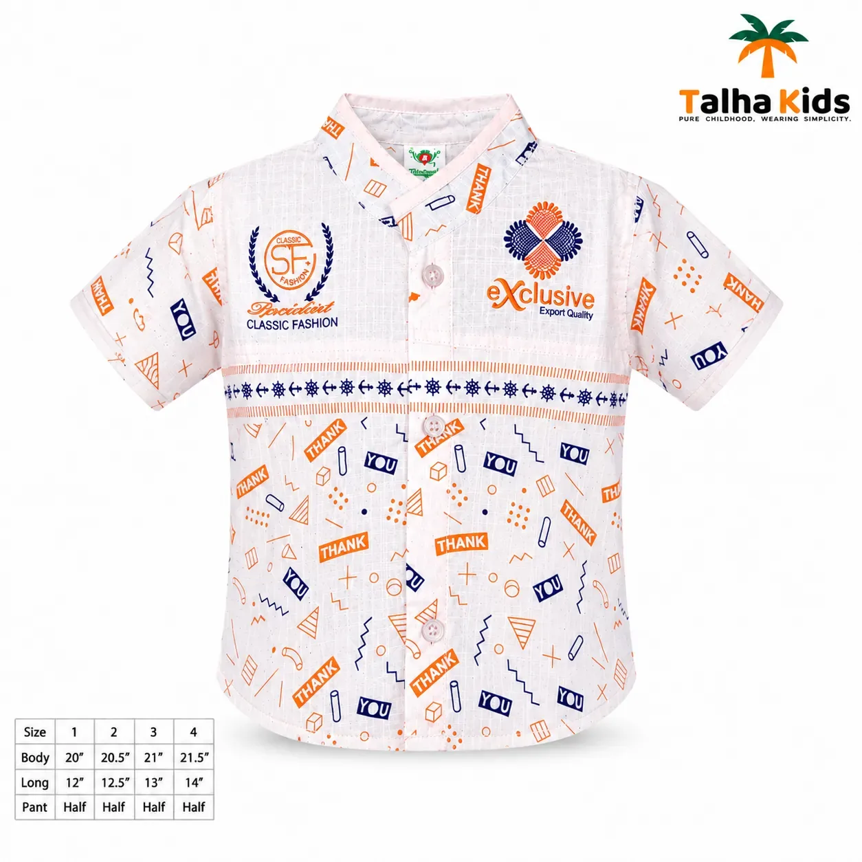 Boys Printed Fotua Set with Half Pant – White