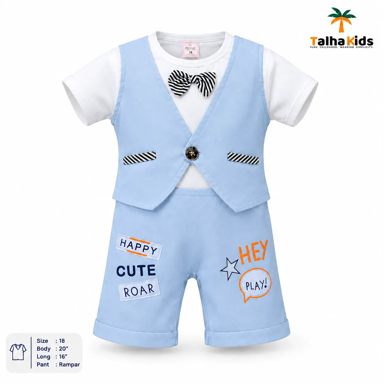 Talha Kids Boys Vest Style Romper Set with Bow Tie – Pastel Colors