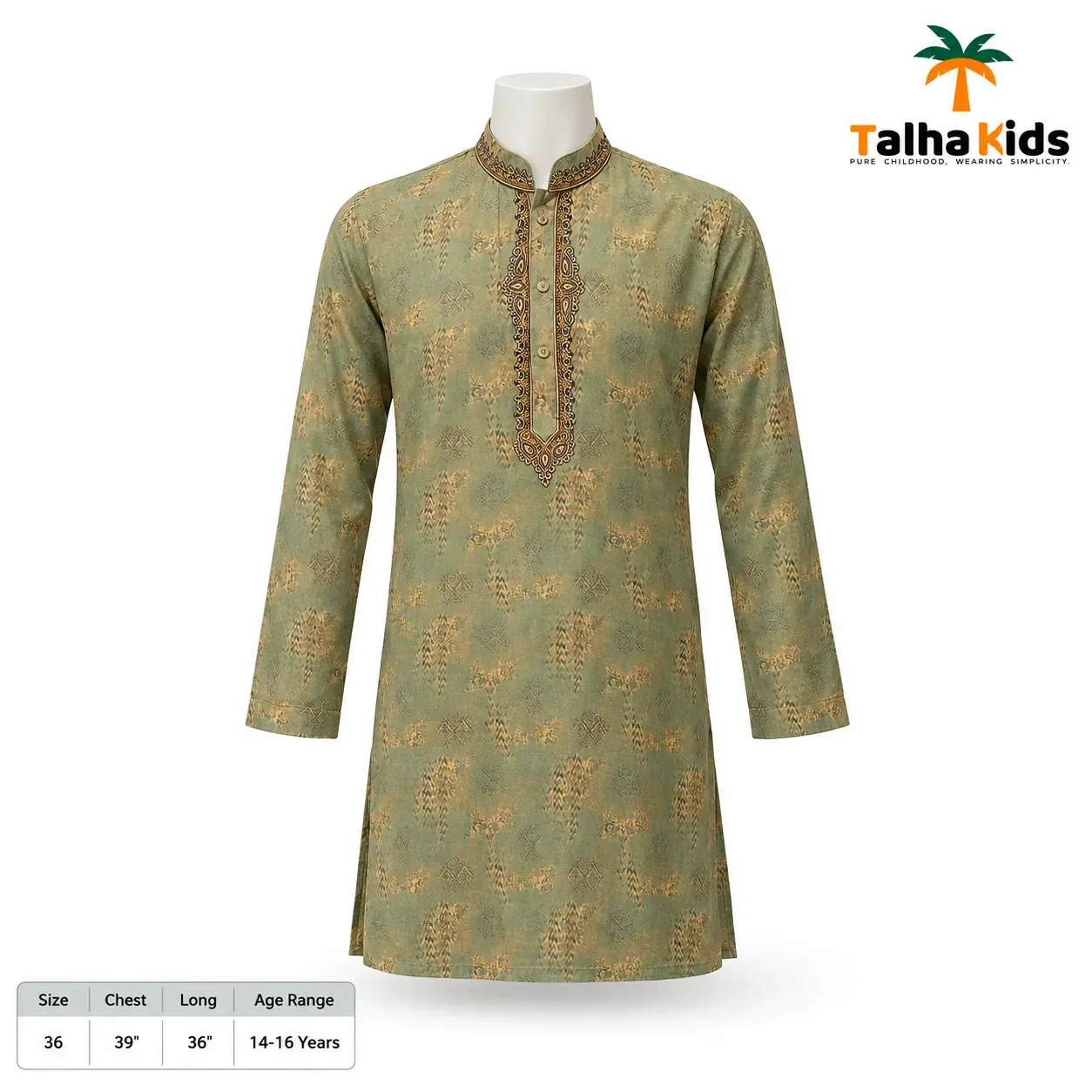 Talha Kids Boys' Panjabi – Embroidered Collar & Front Placket – Olive Green – 14–16 Years