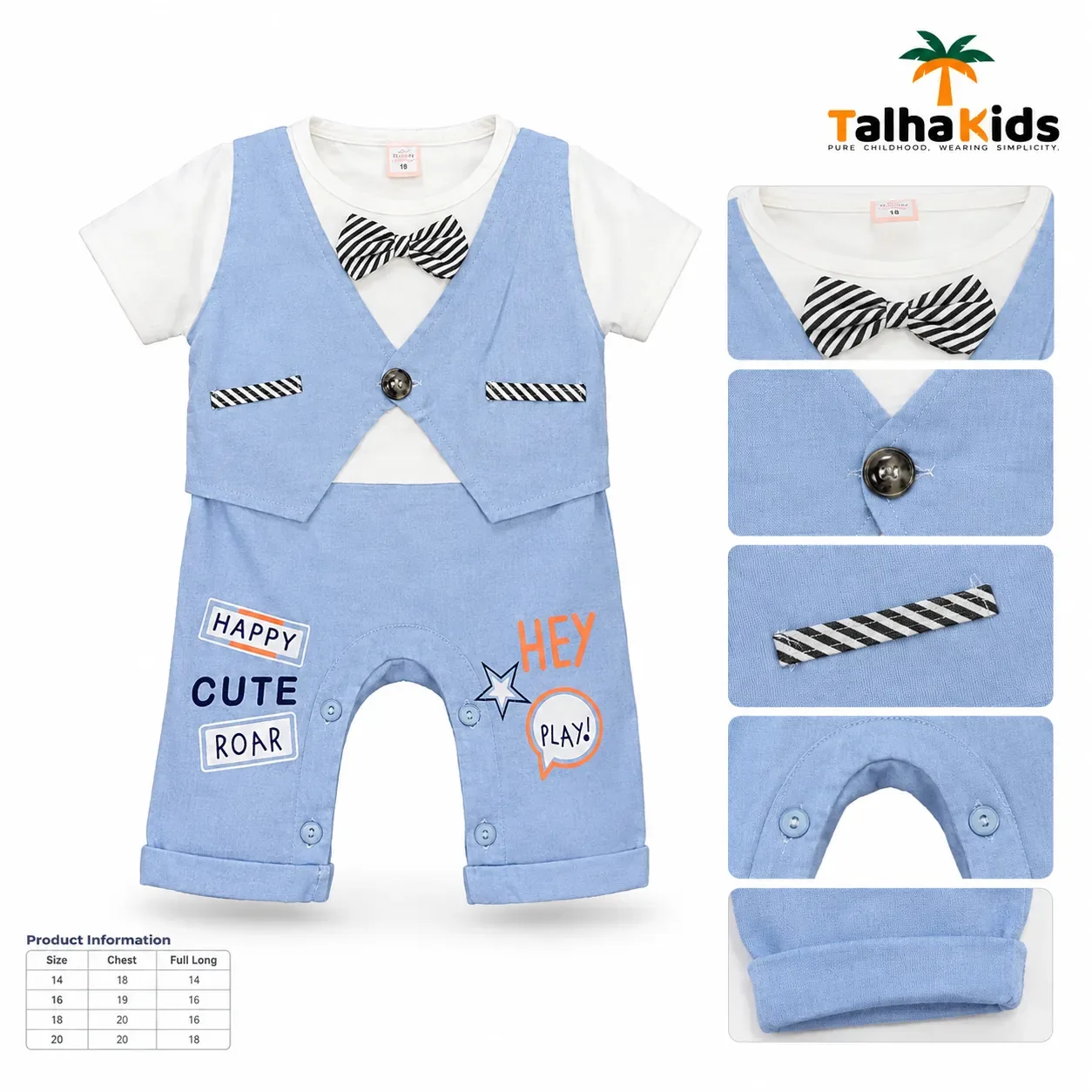 Talha Kids Boys Vest Style Romper Set with Bow Tie – Pastel Colors