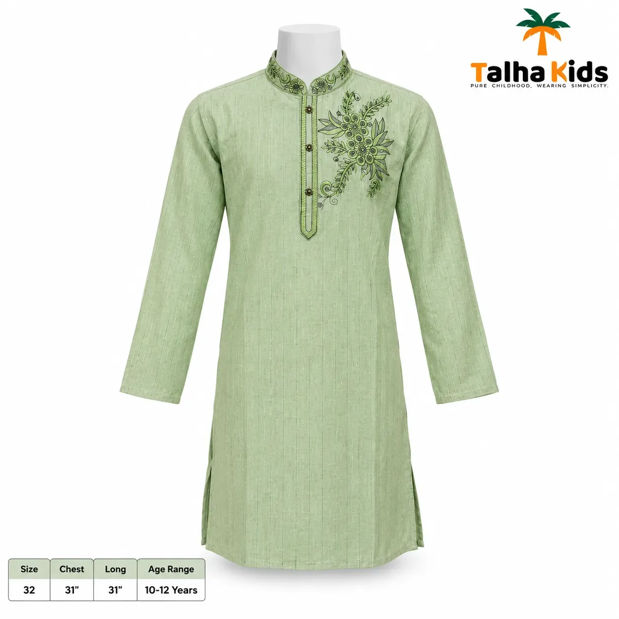 Talha Kids Boys' Panjabi – Light Sage Green Embroidered Front