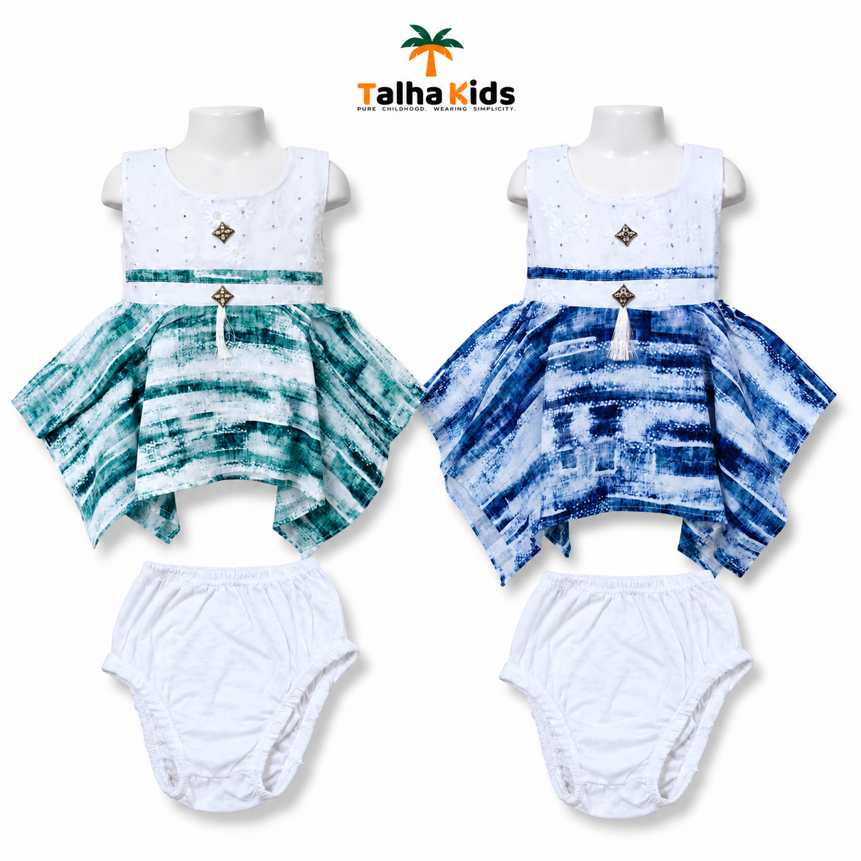Girls Blue & Teal Printed Sleeveless Frock Set with Matching Pant – Kids Party Wear