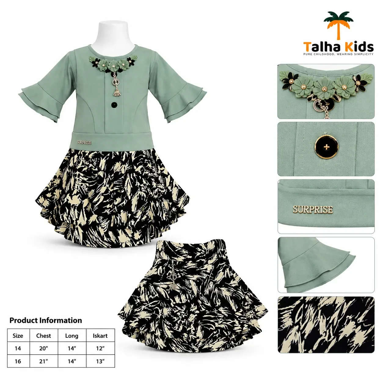 Girls’ Floral Embellished Top with Black & Cream Printed Skirt Set – 3 Colors