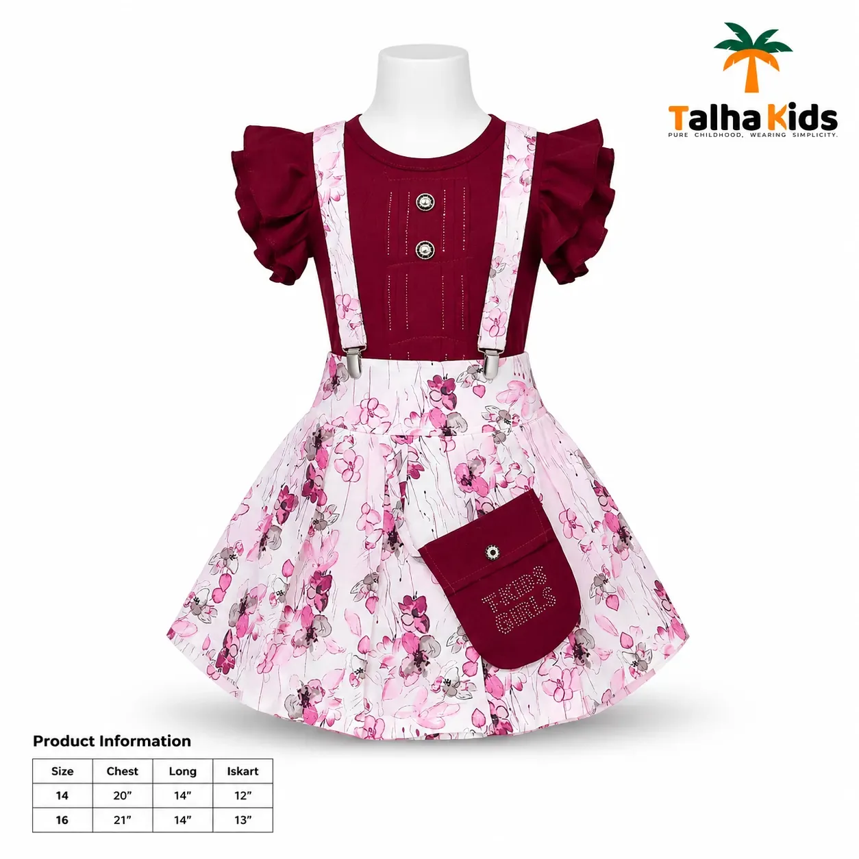 Girls’ Floral Suspender Frock Set – Puff Sleeve Dress with Matching Pouch