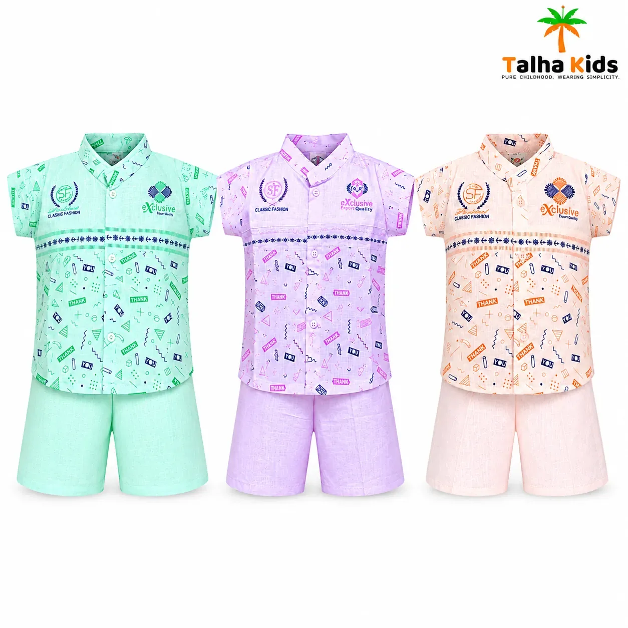 Boys' Printed Fotua Set with Matching Half Pants – 3 Colors