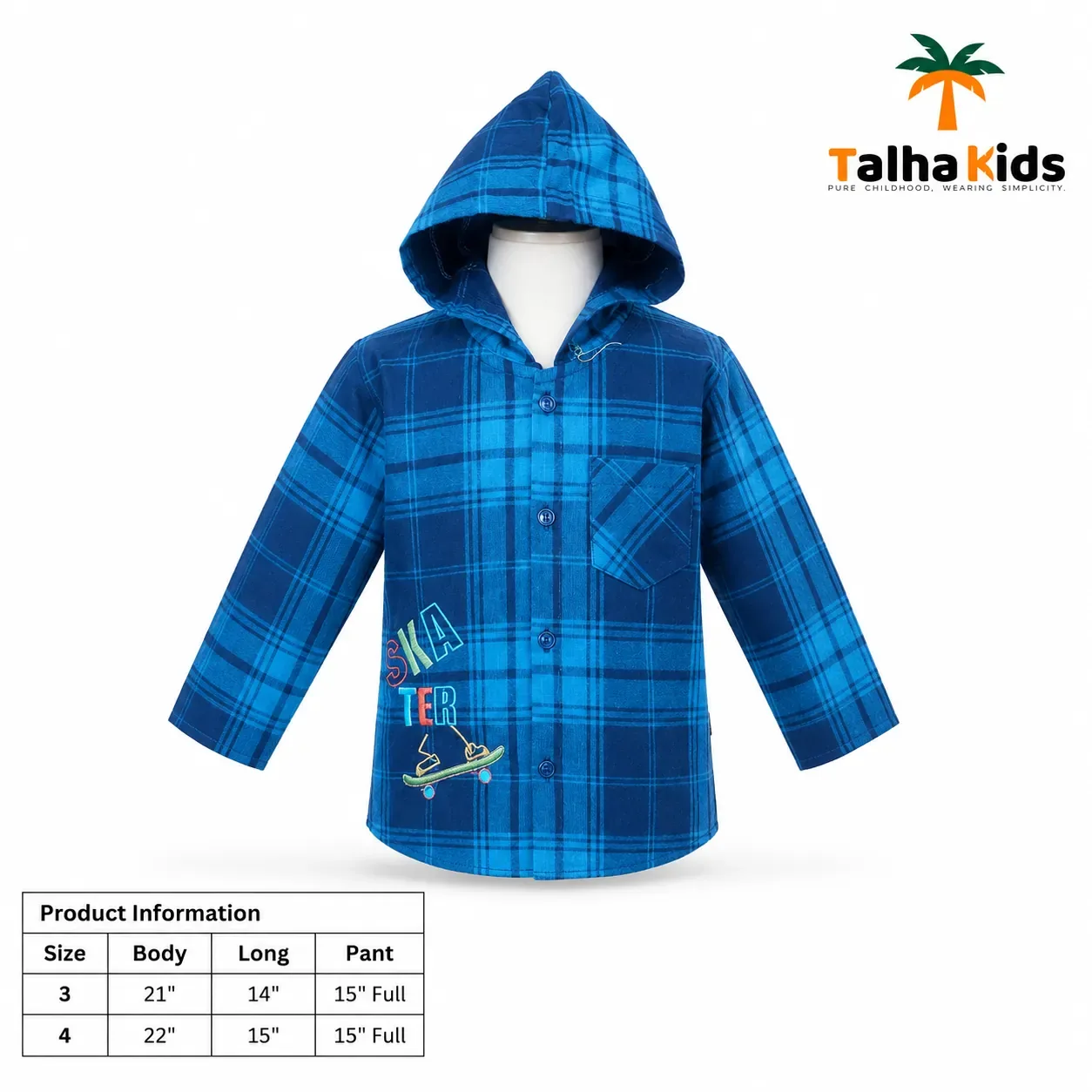 Kids Hooded Check Shirt – White & Blue