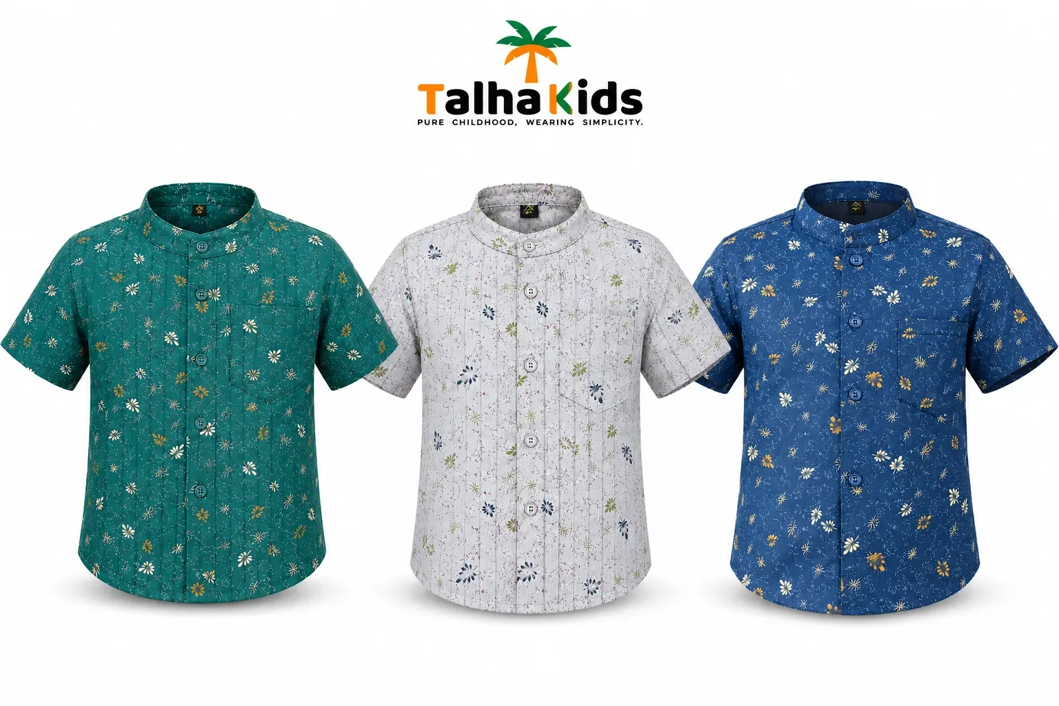 Boys Floral Printed Fotua Shirt – Short Sleeve Mandarin Collar