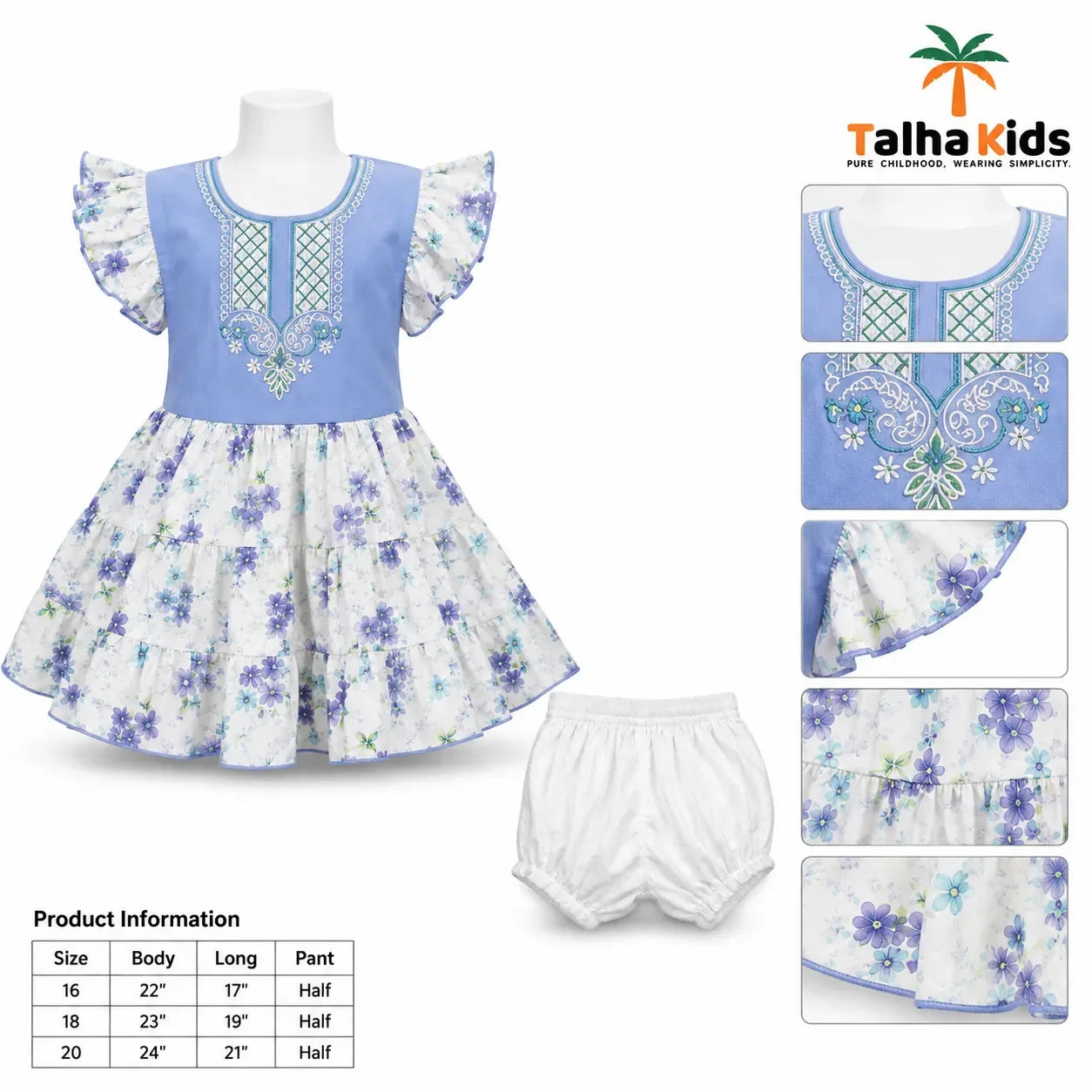 Girls' Floral Embroidered Frock with Matching Half Pant