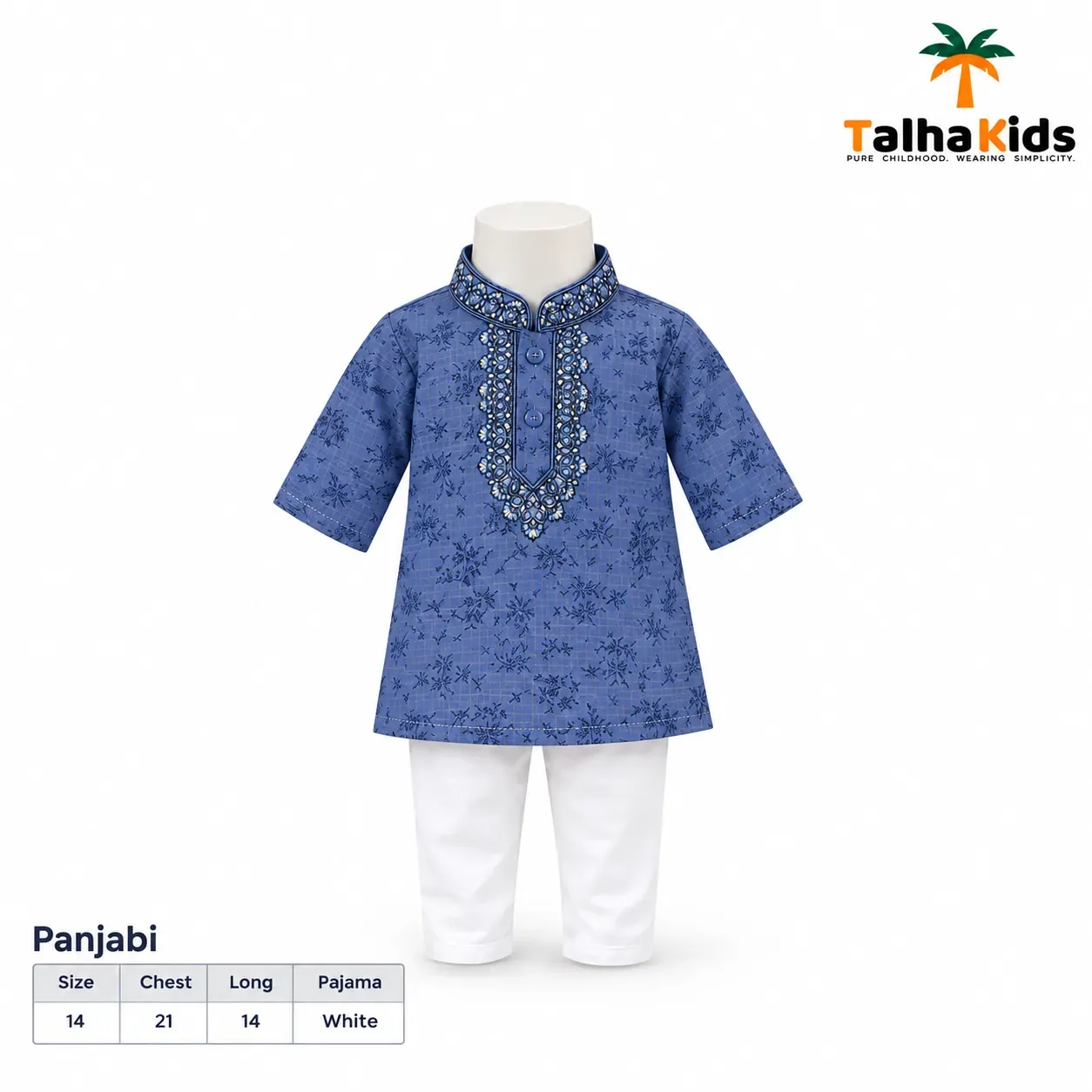 Talha Kids Panjabi & Pajama Set – Blue Printed Panjabi with White Pajama