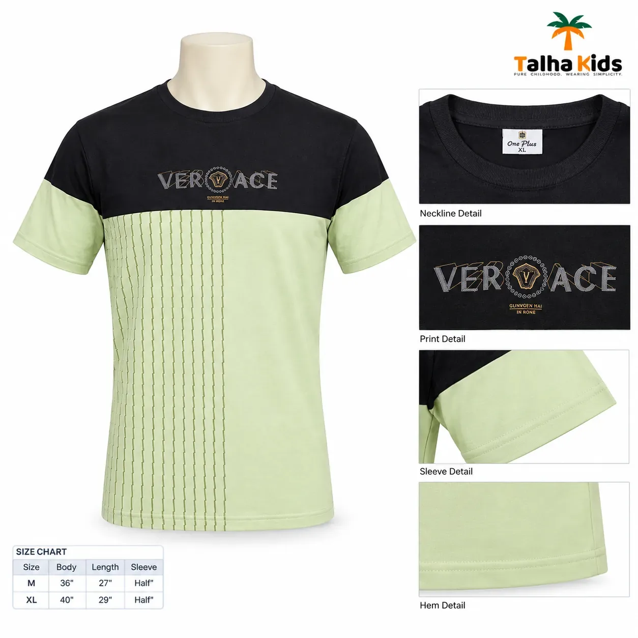 One Plus Men's Color-Block T-Shirt – Black & Pale Mint Green, Short Sleeve