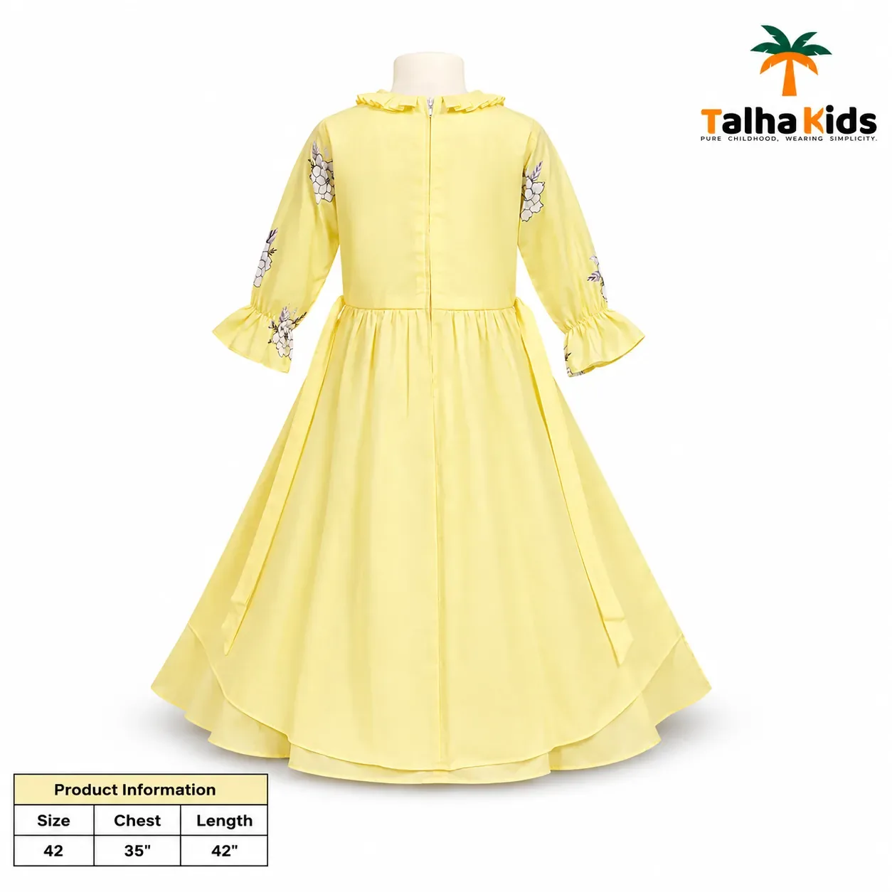 Pastel Yellow Floral Sleeve Long Dress for Girls