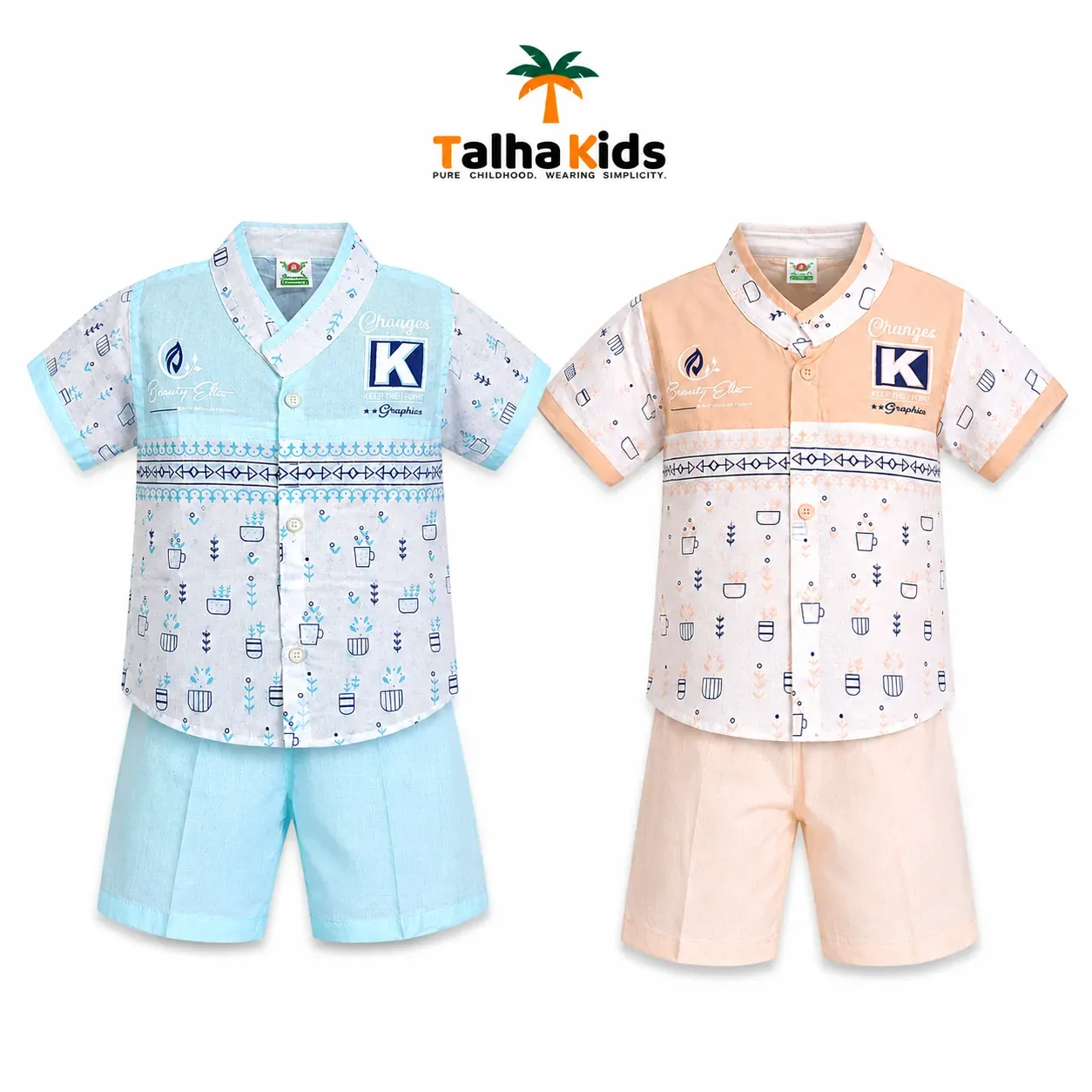 Boys’ Printed Short-Sleeve Fotua Set with Matching Half Pant – Kids Wear
