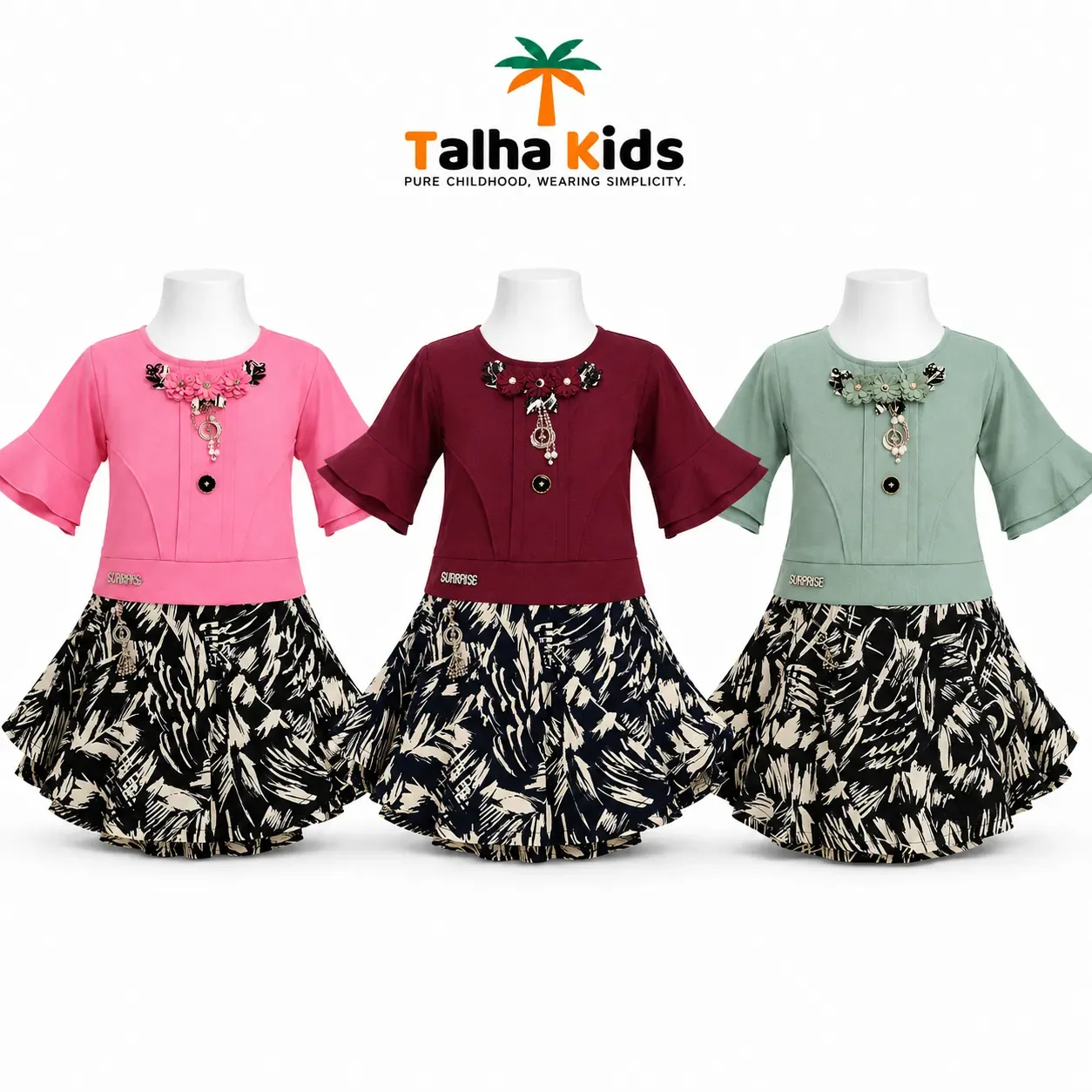 Girls’ Floral Embellished Top with Black & Cream Printed Skirt Set – 3 Colors