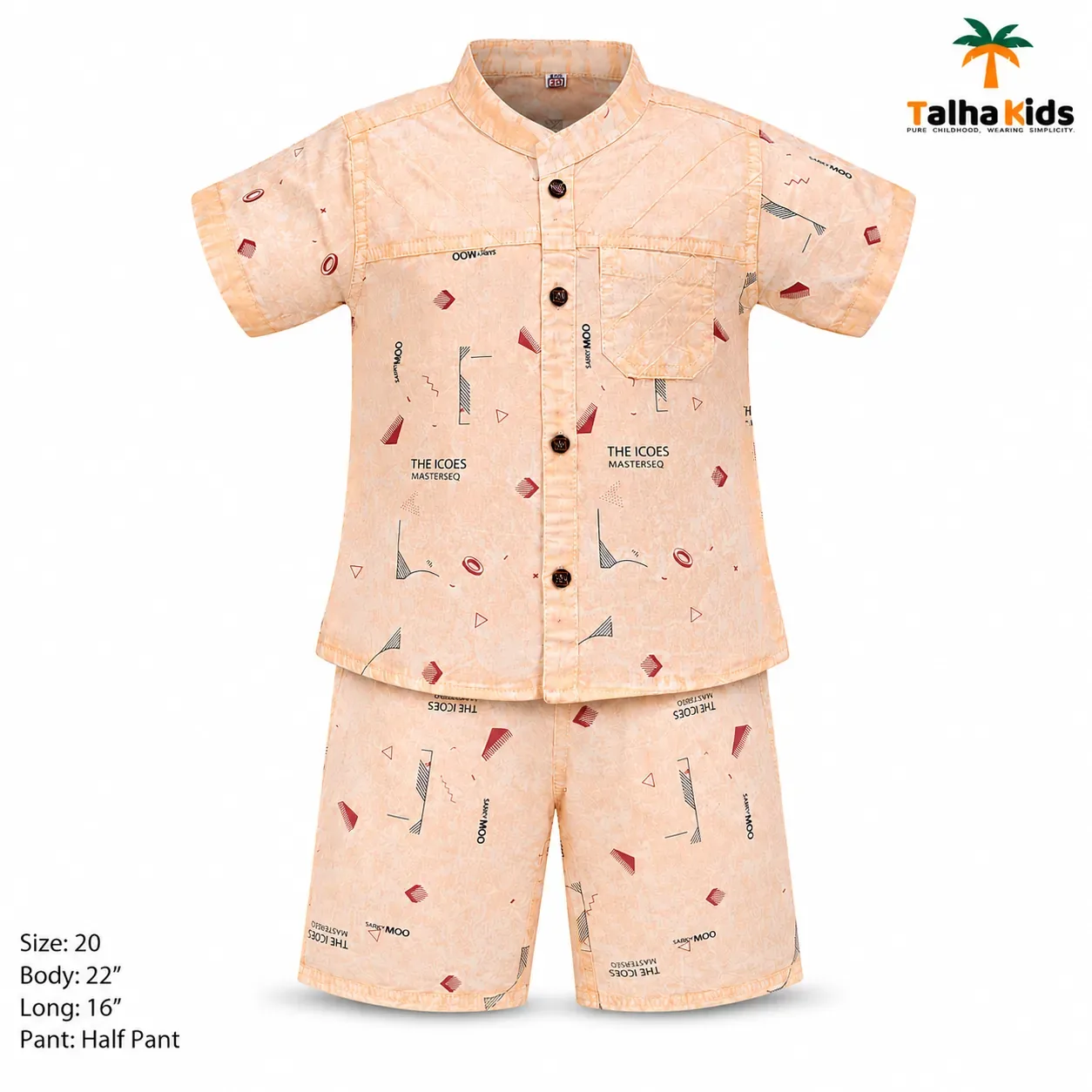 Boys’ Peach Printed Fotua Set with Half Pant
