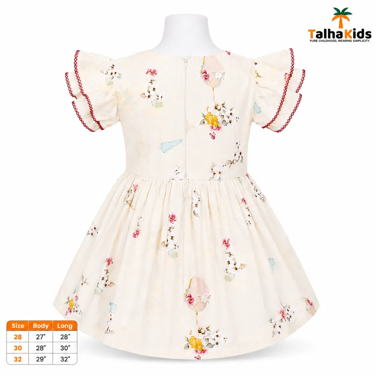 Talha Kids Floral Printed Girls Dress with Lace Detail