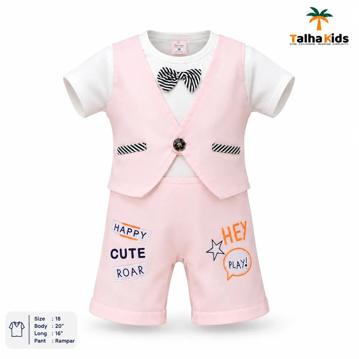 Talha Kids Boys Vest Style Romper Set with Bow Tie – Pastel Colors