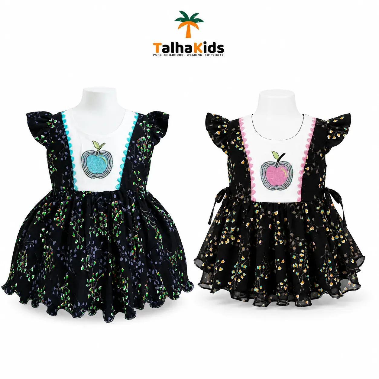 Girls Floral Party Frock with Apple Embroidery