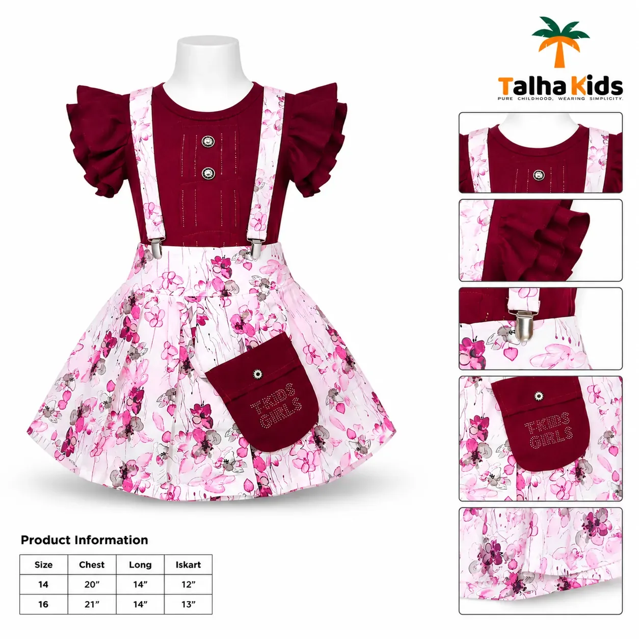 Girls’ Floral Suspender Frock Set – Puff Sleeve Dress with Matching Pouch