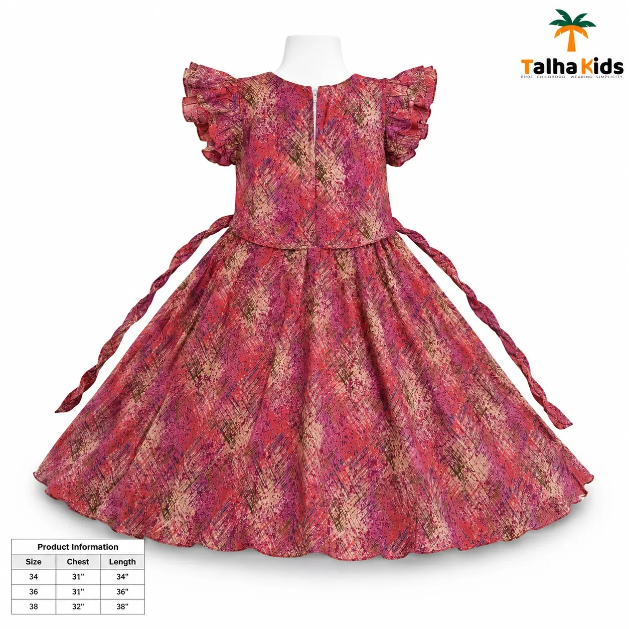 Alams Girls Printed Flutter Sleeve Frock – Mauve & Red