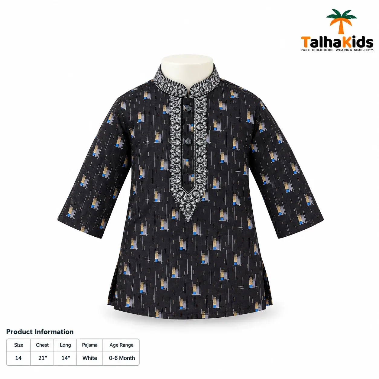 Baby Boys' Panjabi & Pajama Set – Printed Panjabi with Decorative Collar and Front Detail