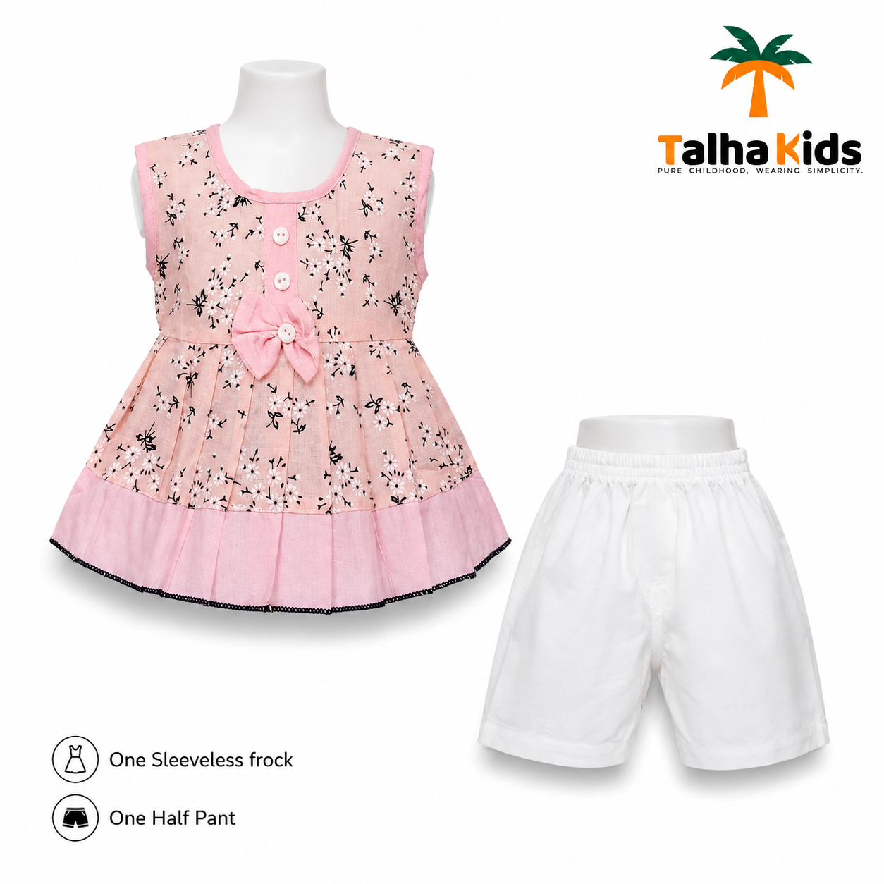 Girls’ Pink Floral Sleeveless Frock with White Half Pant Set 🌸