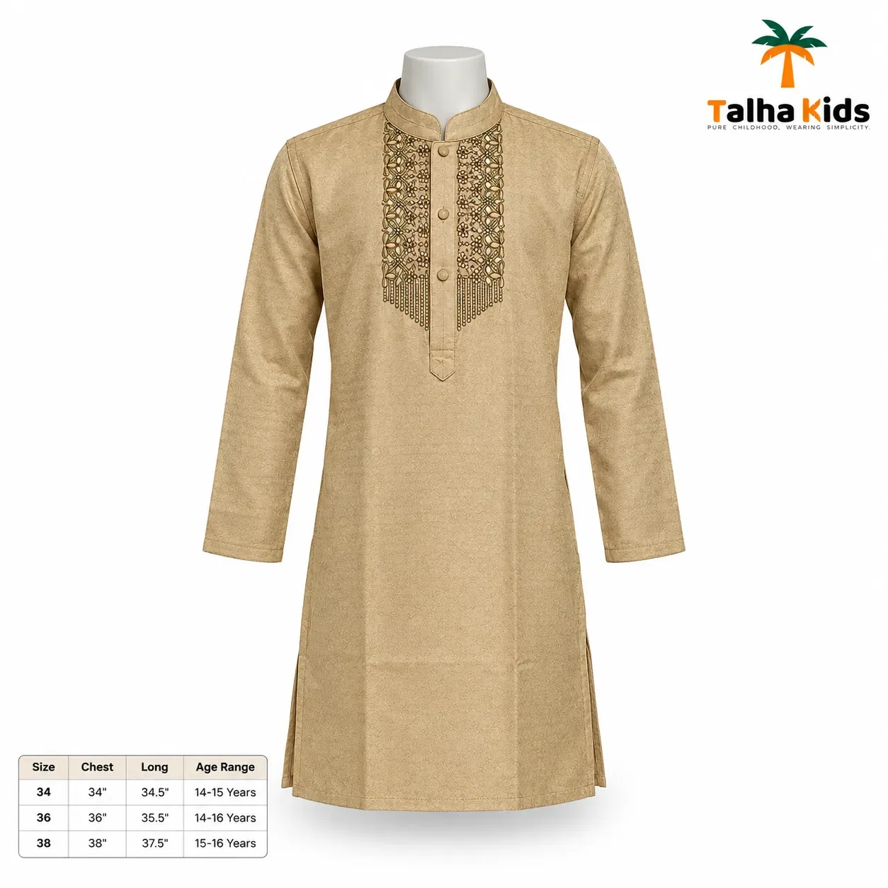 Talha Kids Boys' Panjabi – Embroidered Front Detail – 14–16 Years
