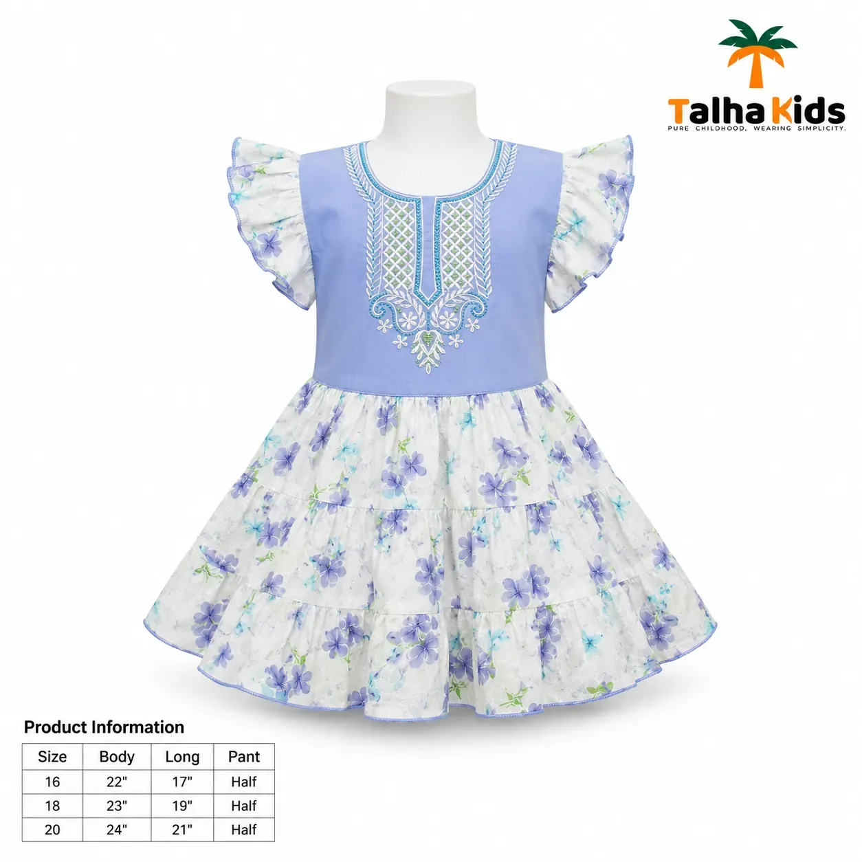Girls' Floral Embroidered Frock with Matching Half Pant