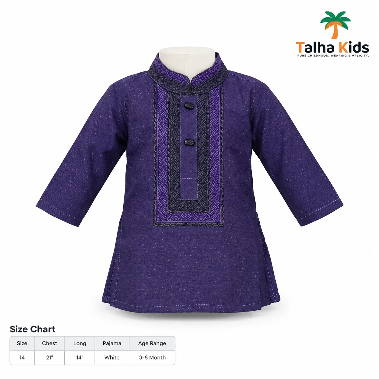 Talha Kids Baby Boys' Panjabi & Pajama Set – Purple Panjabi with Embroidered-Style Front Detail