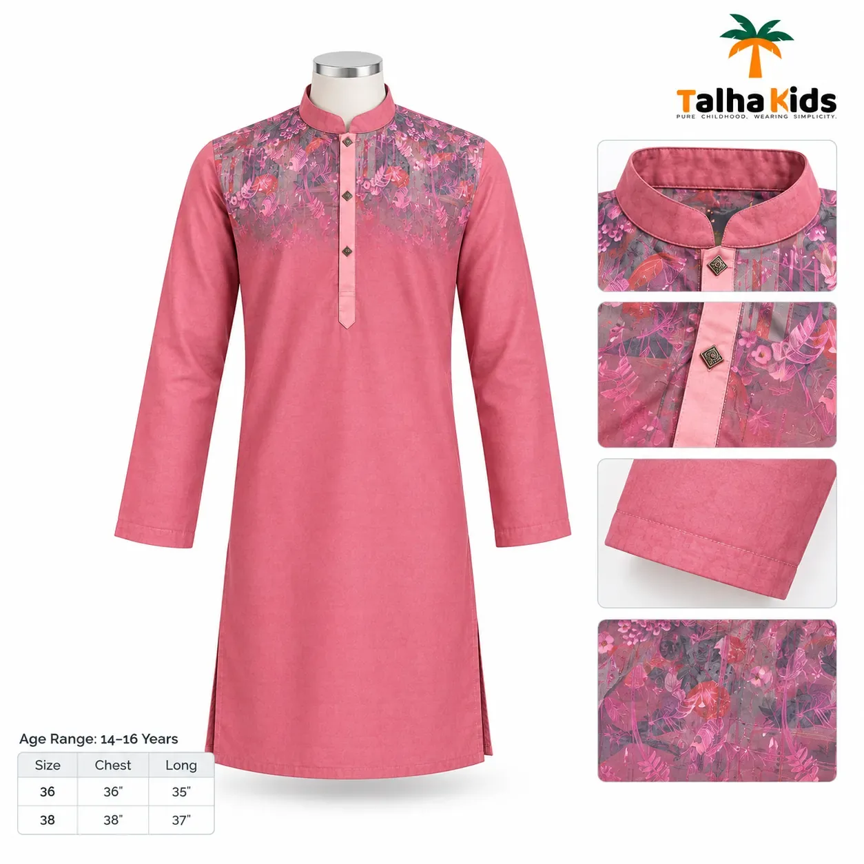 Boys' Panjabi – Pink Floral Printed Yoke – 14–16 Years