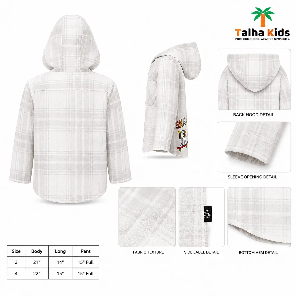 Kids Hooded Check Shirt – White & Blue