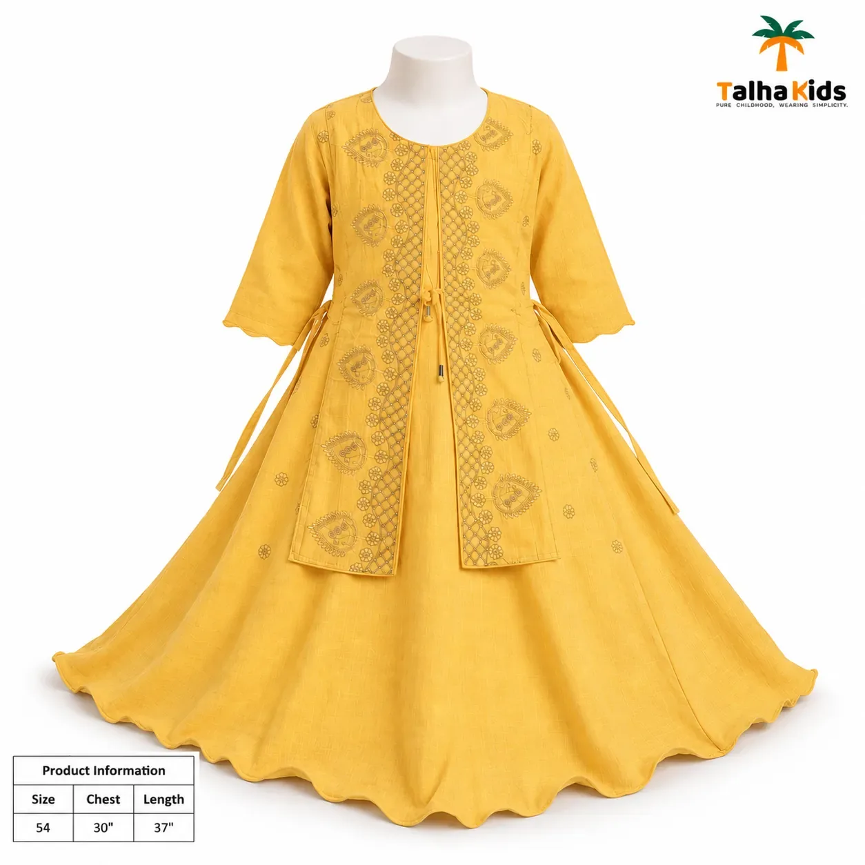 Girls’ Embroidered Flared Frock – Mustard Yellow