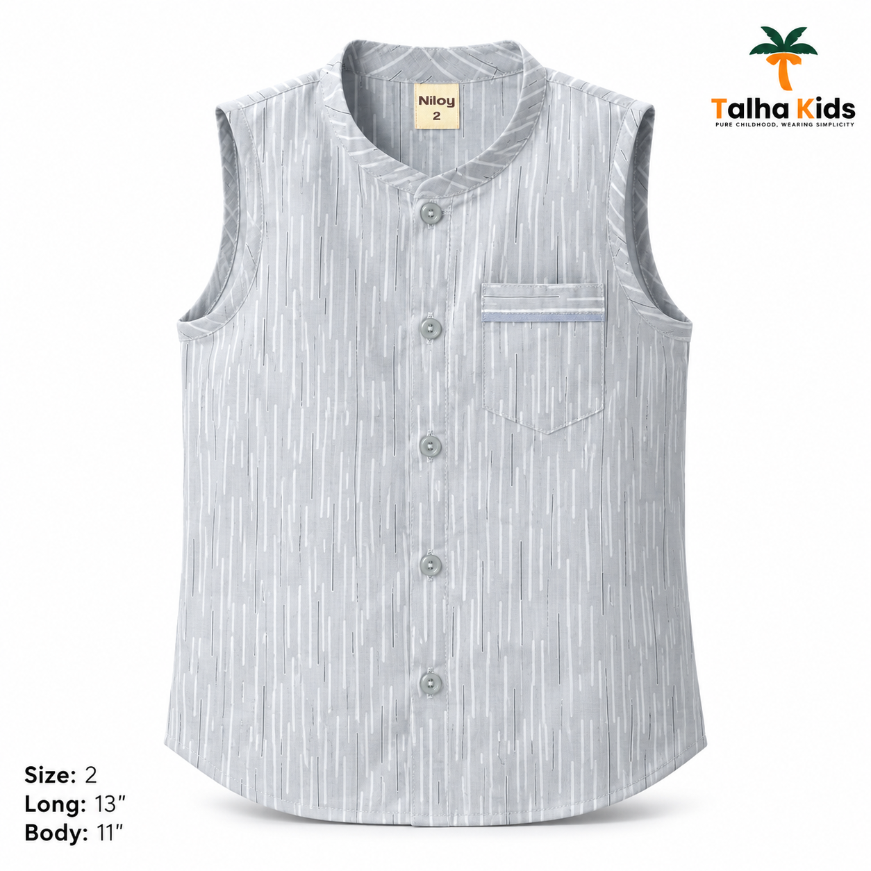 Talha Kids Boys Light Grey Printed Sleeveless Fotua & Half Pant Set – Size 2