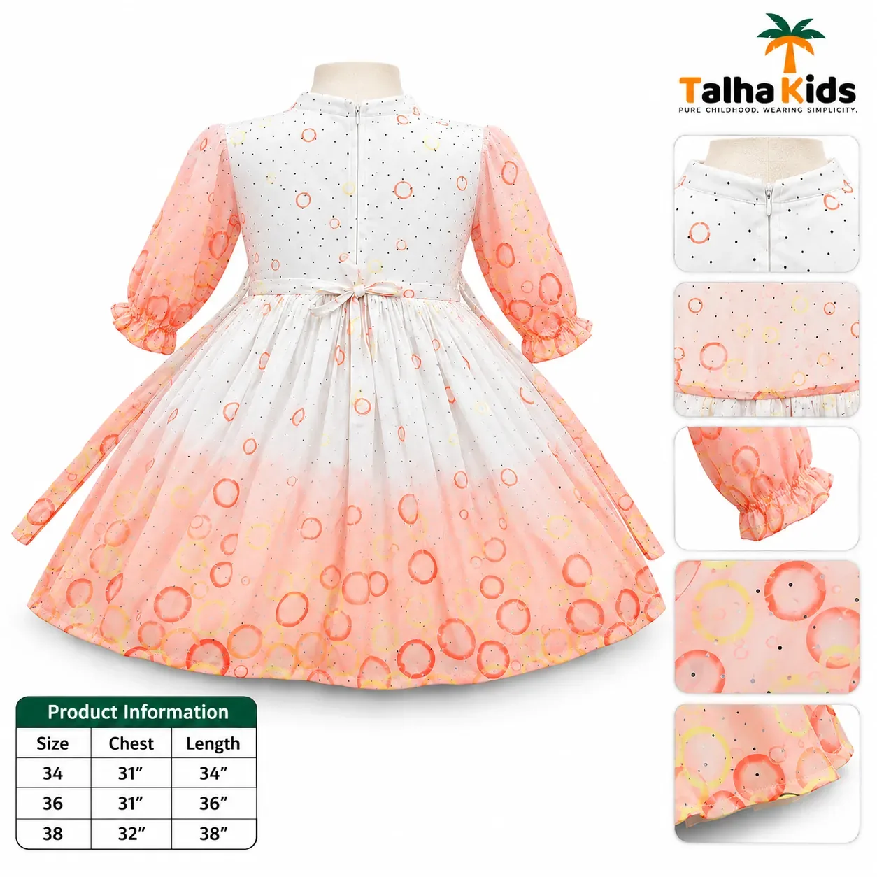 Girls’ Printed Full-Sleeve Party Frock – Yellow, Peach & Pink Color Variants