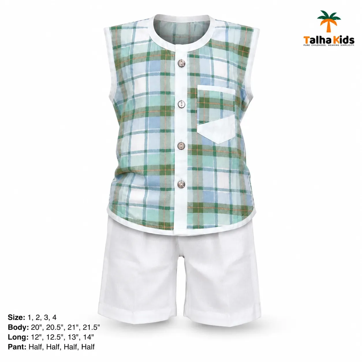 Boys’ Mint Green & Sky Blue Plaid Sleeveless Fotua Set with White Half Pant